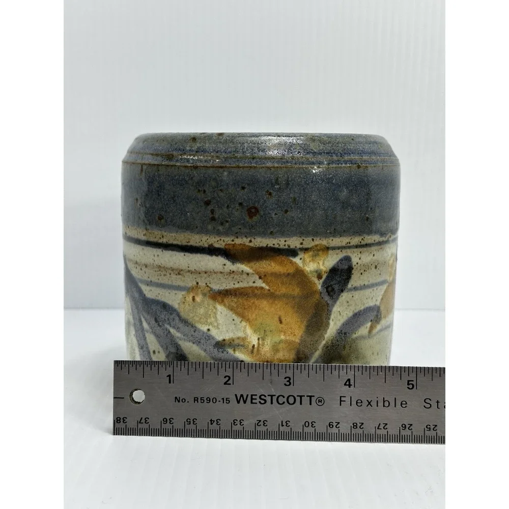 Vintage Art Studio Stoneware Pottery Vase‎ Planter Pot Blue Brown Flowers Signed